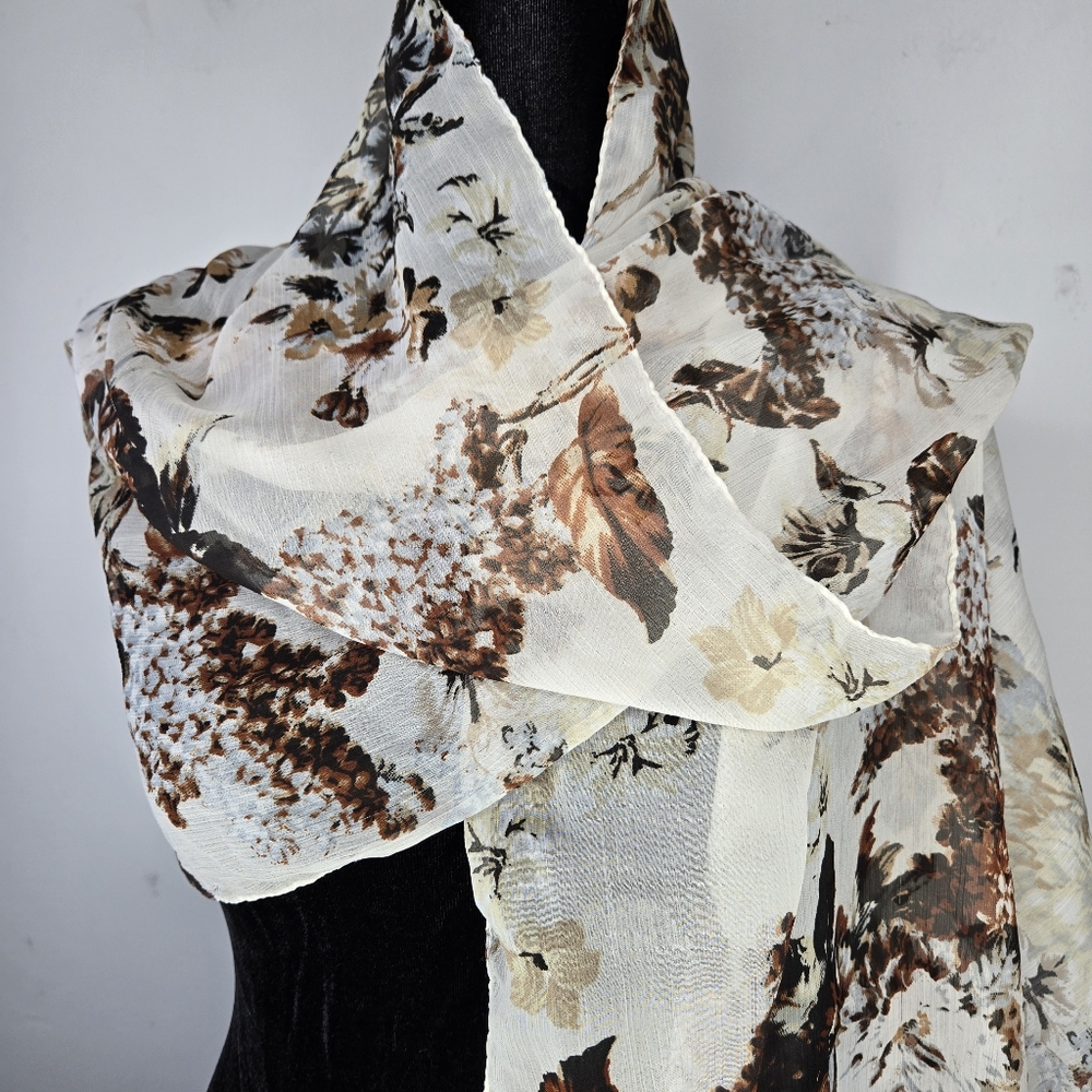 Chiffon Autumn Floral Cream Brown Sheer 72" Long Rectangular Fall Boho Classic